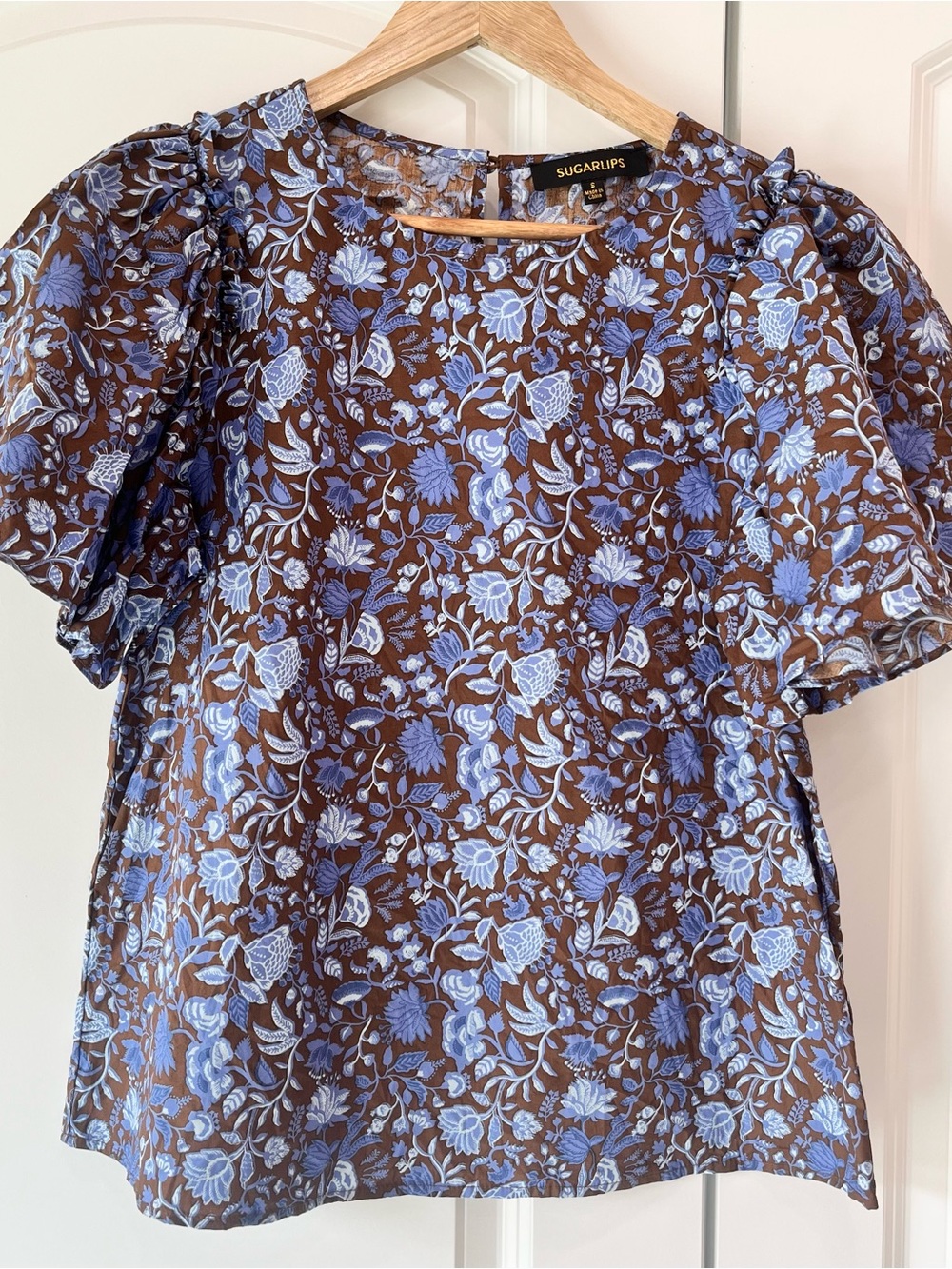 Sugarlips Brown Blouse with Blue Floral Print Size S